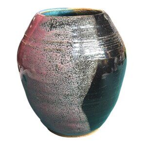 VTG Handmade Pink Black‎ Gray BlueGlazed Stoneware Vase Signed